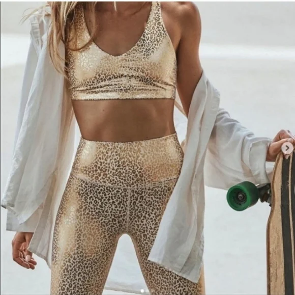 CARBON38 gold metallic leopard high rise athletic‎ 7/8 legging M - Picture 9 of 10